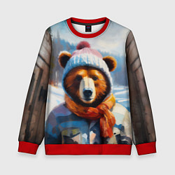 Свитшот детский Бурый медведь в зимней одежде, цвет: 3D-красный
