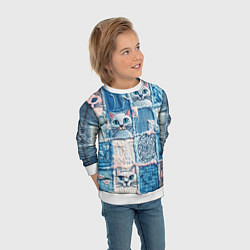 Свитшот детский Кошки на пэчворк джинсах паттерн, цвет: 3D-белый — фото 2