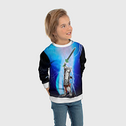 Свитшот детский Кот-рыцарь с мечом экскалибур под молниями, цвет: 3D-белый — фото 2