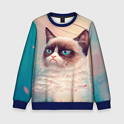Свитшот детский Мемный кот Grumpy Cat с нимбом, цвет: 3D-синий