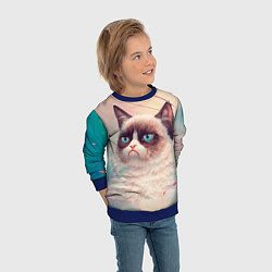 Свитшот детский Мемный кот Grumpy Cat с нимбом, цвет: 3D-синий — фото 2