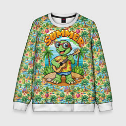 Свитшот детский Черепаха с гитарой на острове, цвет: 3D-белый