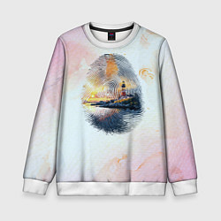 Свитшот детский Маяк у моря на закате в отпечатке пальца, цвет: 3D-белый