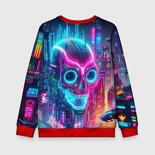 Детский свитшот Neon skull in metropolis - future / 3D-Красный – фото 2