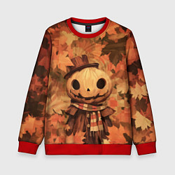 Свитшот детский Тыквенный Джек в осенних листьях, цвет: 3D-красный