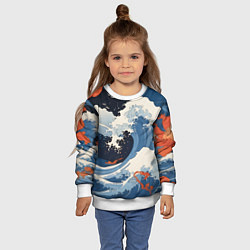 Свитшот детский Япония волны алые цветы, цвет: 3D-белый — фото 2