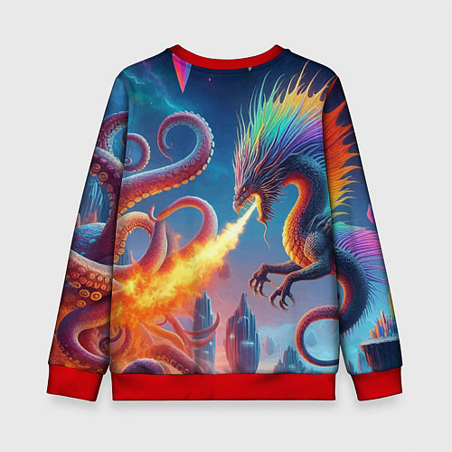 Детский свитшот Огнедышащий дракон против осьминога - нейроарт фан / 3D-Красный – фото 2