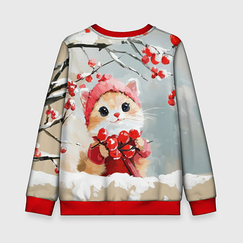 Детский свитшот Новогодний котик с рябиной / 3D-Красный – фото 2