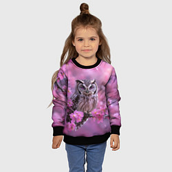 Свитшот детский Сова на ветке с розовыми цветами, цвет: 3D-черный — фото 2