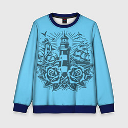 Свитшот детский Маяк с розами и кораблем, цвет: 3D-синий