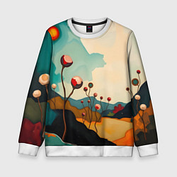 Свитшот детский Сюрреалистичный пейзаж с цветами, цвет: 3D-белый