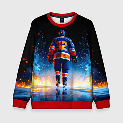 Свитшот детский Хоккеист в синем пламени, цвет: 3D-красный