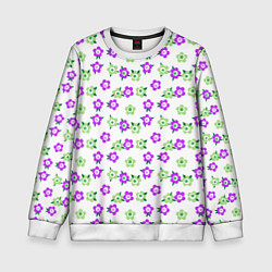 Свитшот детский Зеленые фиолетовые цветы на белом фоне, цвет: 3D-белый