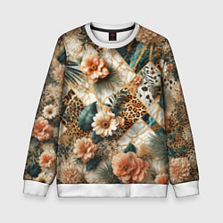 Свитшот детский Цветы на кусках мрамора и леопардовом узоре, цвет: 3D-белый