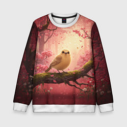 Свитшот детский Желтая птица в розовом цветущем лесу, цвет: 3D-белый