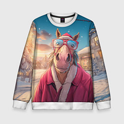 Свитшот детский Удивленная лошадь в очках, цвет: 3D-белый