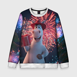 Свитшот детский Лошадь с подарком на фоне салюта, цвет: 3D-белый