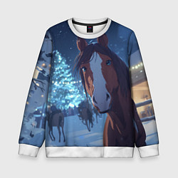 Свитшот детский Лошадь на фоне новогодней елки, цвет: 3D-белый
