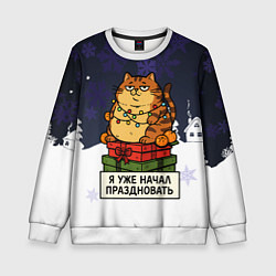Свитшот детский Я уже начал праздновать - рыжий кот, цвет: 3D-белый