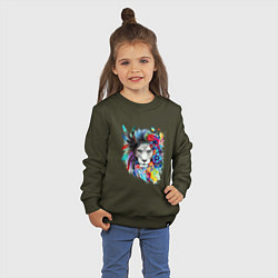 Свитшот хлопковый детский Лев в цветах и перьях, цвет: хаки — фото 2