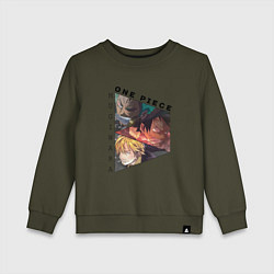 Свитшот хлопковый детский Ван-Пис, Луффи, Зоро Ророноа, Санджи Винсмок, цвет: хаки