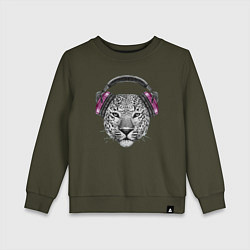 Свитшот хлопковый детский Леопард в наушниках - меломан, цвет: хаки