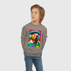 Свитшот хлопковый детский Капибара в наушниках и шляпе - нейросеть, цвет: утренний латте — фото 2