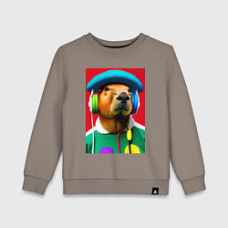 Детский свитшот Капибара в наушниках и шляпе - нейросеть