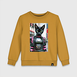 Свитшот хлопковый детский Крутая чёрная кошечка - нейросеть - киберпанк, цвет: горчичный