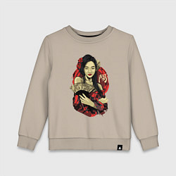 Свитшот хлопковый детский Гейша с веером, цвет: миндальный