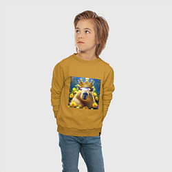 Свитшот хлопковый детский Мем капибара царь на троне и желтые цветы, цвет: горчичный — фото 2