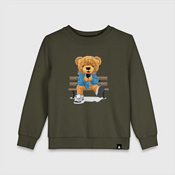 Свитшот хлопковый детский Плюшевый медведь на скамейке, цвет: хаки