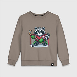 Свитшот хлопковый детский Енот хоккеист вратарь, цвет: утренний латте