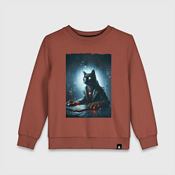 Свитшот хлопковый детский Кибер кот за компьютером - неоновое свечение, цвет: кирпичный