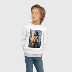 Свитшот хлопковый детский Пиратка на фона флотилии кораблей, цвет: белый — фото 2