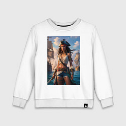 Свитшот хлопковый детский Пиратка на фона флотилии кораблей, цвет: белый