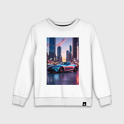 Свитшот хлопковый детский Суперкар на фоне небоскребов, цвет: белый