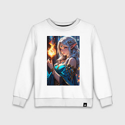 Свитшот хлопковый детский Прекрасная эльфийка-маг с шаром огня, цвет: белый