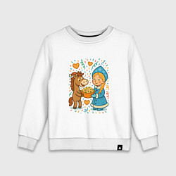 Свитшот хлопковый детский Лошадка и Снегурочка с Оливье, цвет: белый