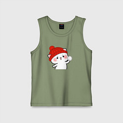 Майка детская хлопок Игра в снежки - белый котик, цвет: авокадо