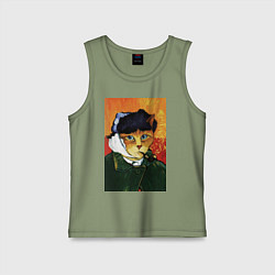 Майка детская хлопок Кот Ван Гога портрет с отрезанным ухом - пародия, цвет: авокадо