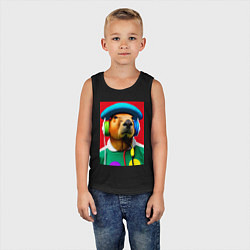 Майка детская хлопок Капибара в наушниках и шляпе - нейросеть, цвет: черный — фото 2