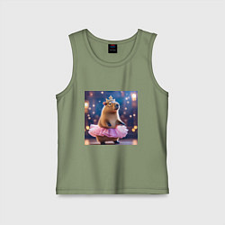 Майка детская хлопок Мем капибара балерина в розовой юбочке и короне, цвет: авокадо