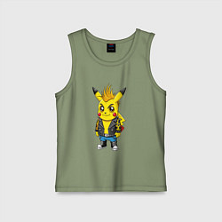 Майка детская хлопок Пикачу панк с ирокезом и в косухе, цвет: авокадо