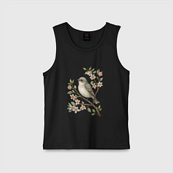Майка детская хлопок Маленькая птичка на ветке с цветами, цвет: черный