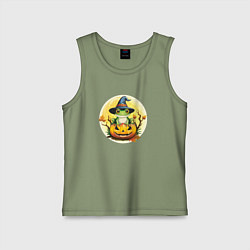 Майка детская хлопок Лягушка ведьма на тыкве, цвет: авокадо
