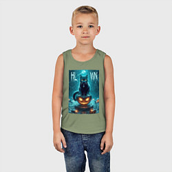 Майка детская хлопок Чёрный кот сидит на тыкве - хэллоуин, цвет: авокадо — фото 2