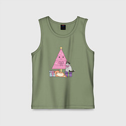 Майка детская хлопок Котики под елкой, цвет: авокадо