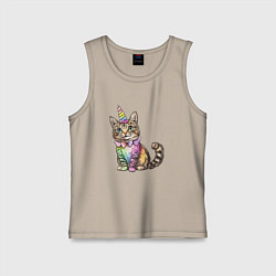 Майка детская хлопок Праздничный котик в колпаке единорога, цвет: миндальный