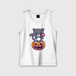 Майка детская хлопок Хэллоуин котик с леденцом, цвет: белый